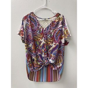 Figueroa & Flower Paisley Striped Lace Top Multicolor Tie Front Eclectic Hippie